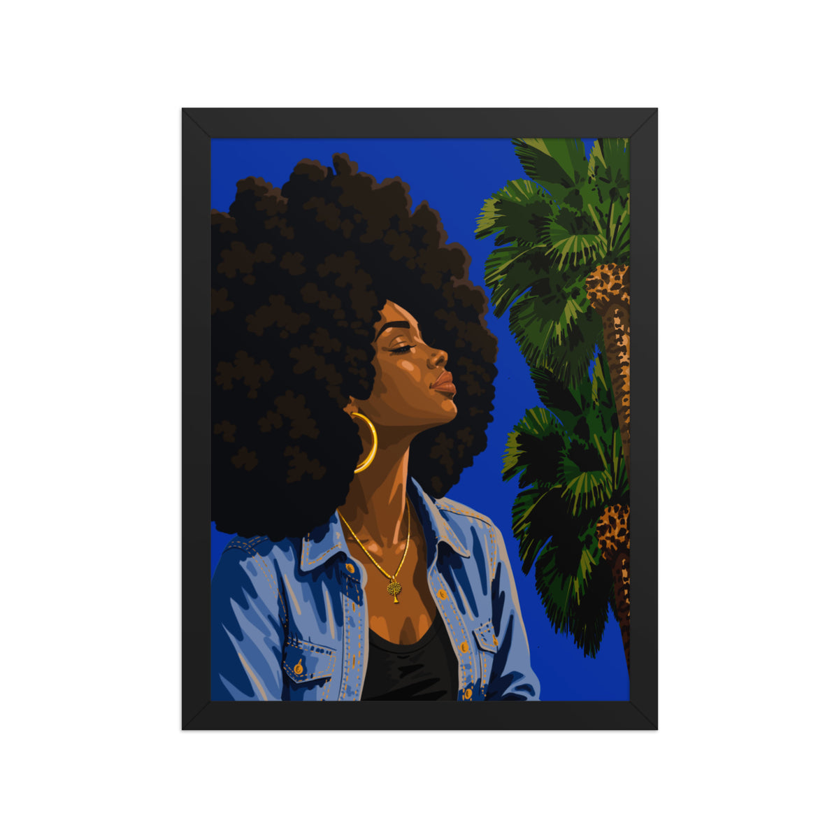 Framed art print of a Black woman with an afro, gold hoops and denim jacket under palm trees, by Kandyce Jackson