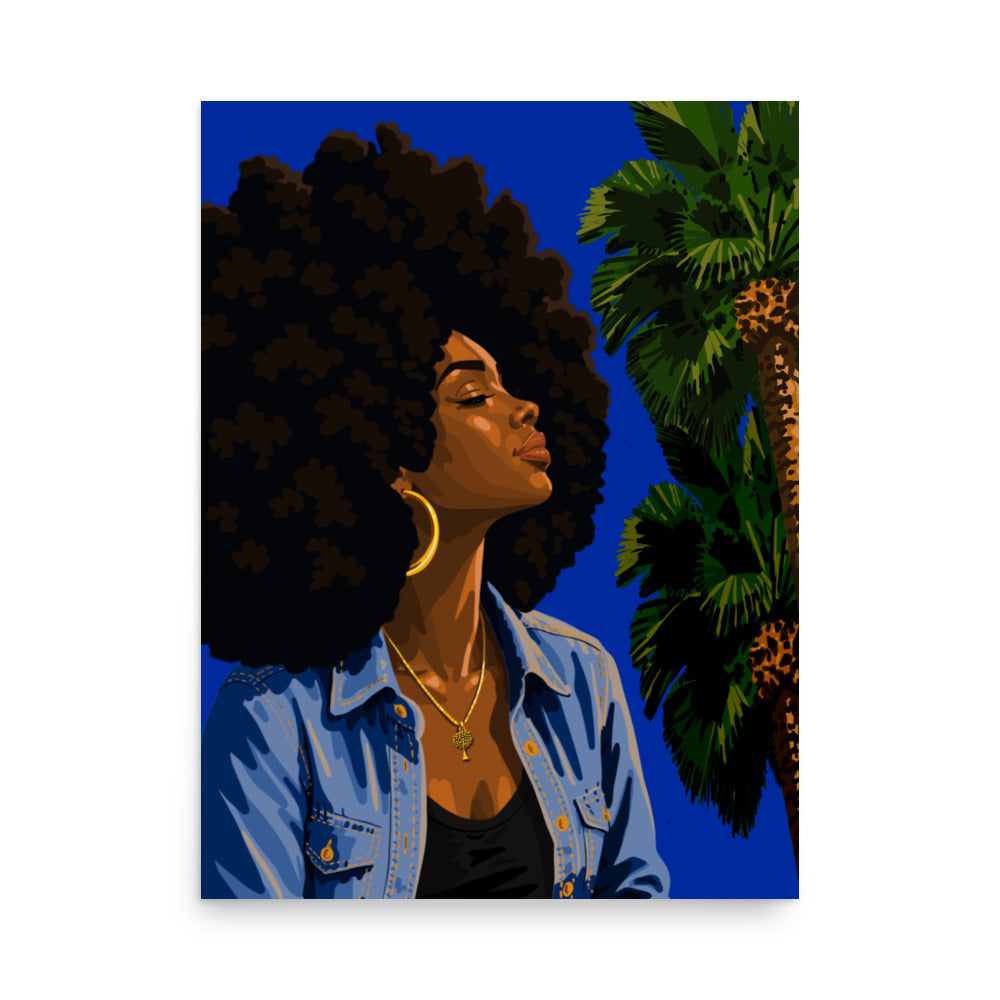 Sun Kissed art print of a Black woman with a full afro on cobalt blue with palm trees, Black woman art print