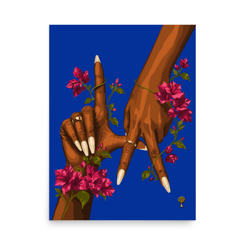 LA Print art print of two brown hands forming the LA hand sign with pink bougainvillea on cobalt blue