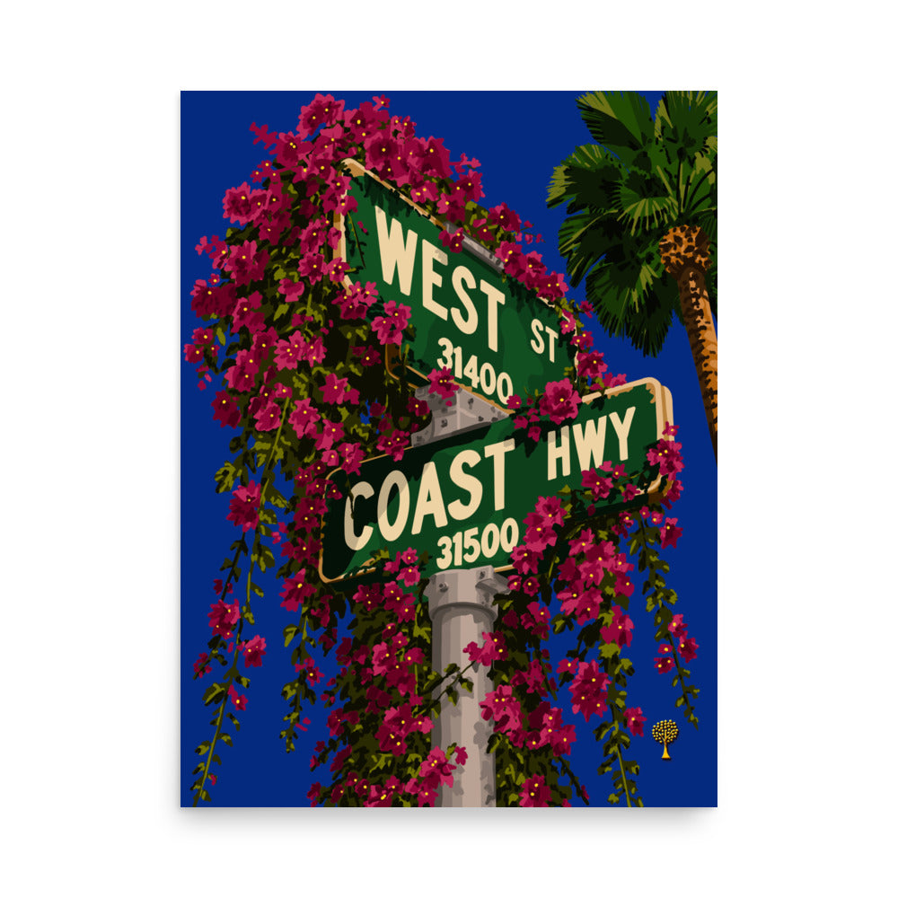 West Coast art print of green street signs draped in pink bougainvillea against a blue sky