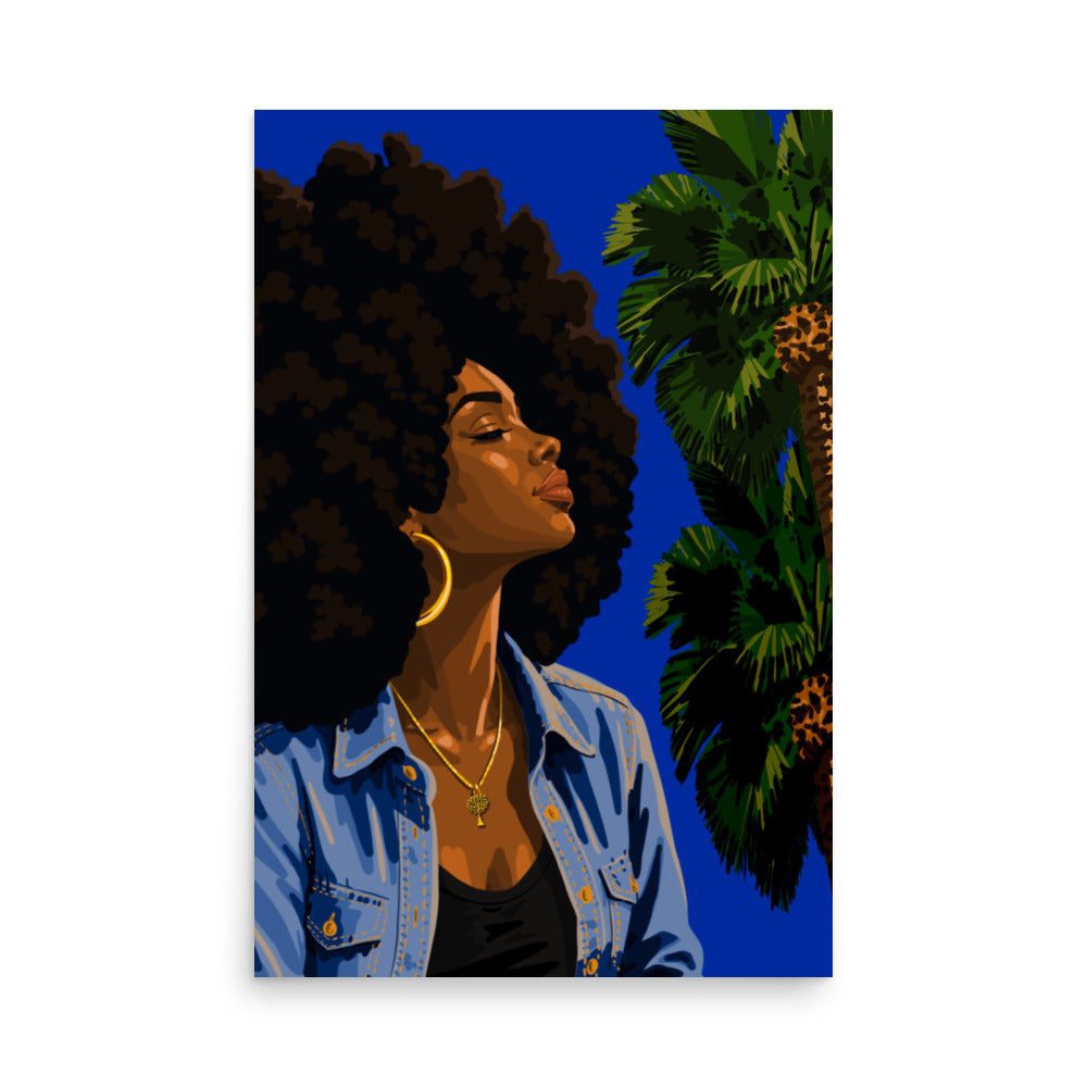 Vertical Black wall art print of a Black woman with natural afro hair and gold hoop earrings beside a palm tree