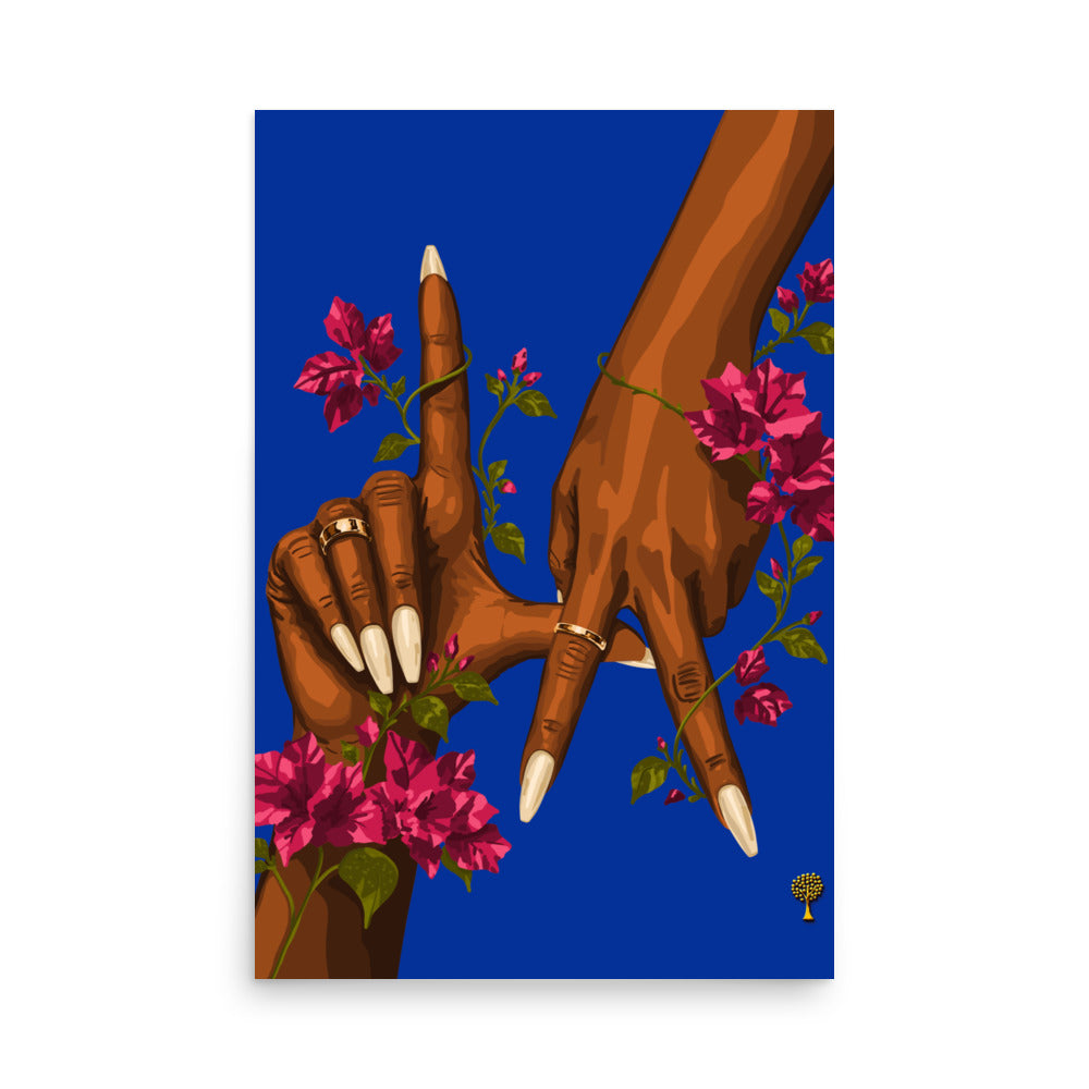 Full view of LA Print showing brown hands with gold rings, long nails and pink bougainvillea flowers
