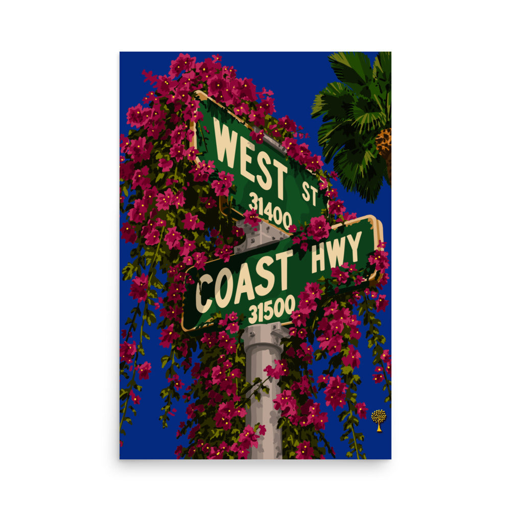 Vertical wall art print of Coast Hwy street signs, palm tree and magenta bougainvillea flowers
